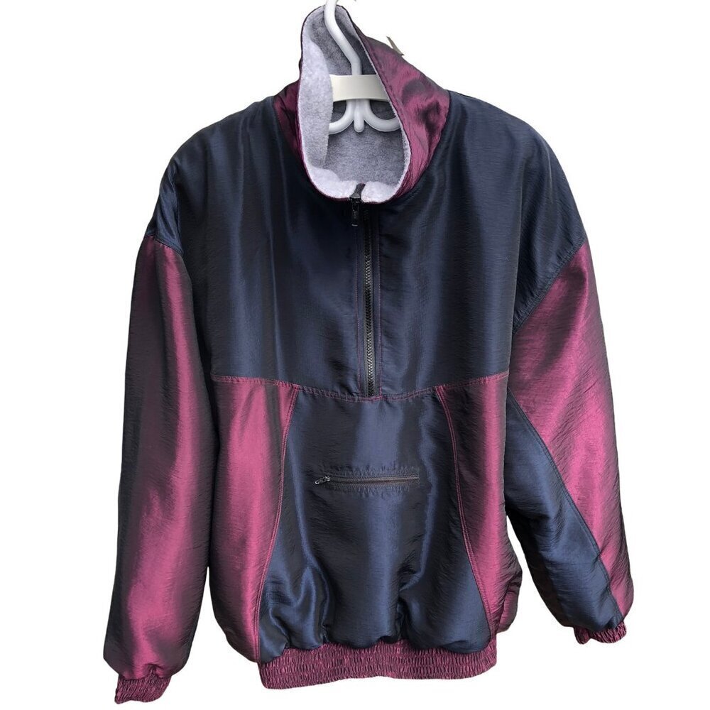Vintage Colorblock Iridescent Windbreaker, Fleece Lined, Purple Blue Gray, Large